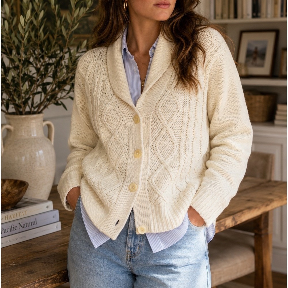 Vintage Tour De Force Cable Knit Shawl Collar Cardigan Ivory Cream M L Korea